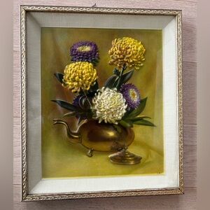 Vintage  1960s Floral Still Life Embossed, textured flowers in a raised 3D